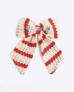 Red Crochet Striped Bow Hair Clip