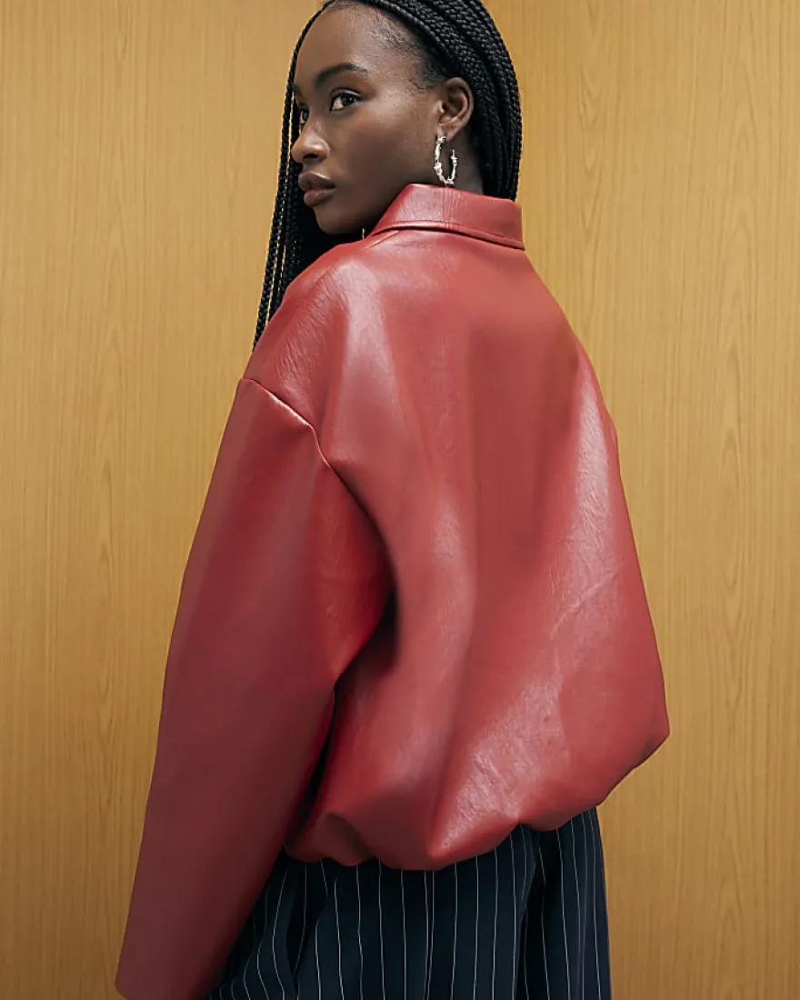 Red Faux Leather Bomber Jacket
