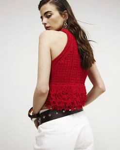 Red Knitted Fringe Trim Vest Top