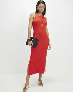 Red Knitted Racer Neck Ribbed Midi Dress