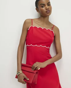 Red Linen Blend Scallop Trim Midi Dress
