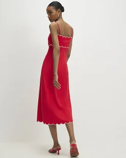 Red Linen Blend Scallop Trim Midi Dress