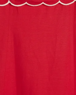 Red Linen Blend Scallop Trim Midi Dress