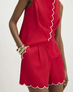 Red Linen Blend Scallop Trim Shorts