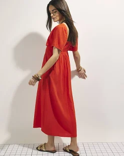 Red Linen Blend Shirred Midi Dress