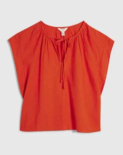 Red Linen Blend Tie Neck Top