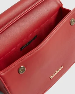 Red Metal Handle Foldover Clutch Bag