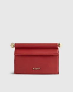 Red Metal Handle Foldover Clutch Bag