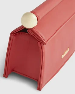 Red Metal Handle Foldover Clutch Bag