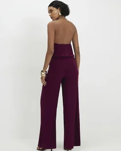 Red Metal Trim Cowl Neck Jumpsuit