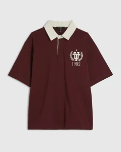 Red Oversized Fit Embroidered Rugby Shirt