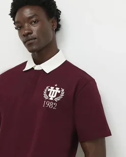 Red Oversized Fit Embroidered Rugby Shirt