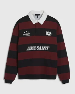 Red Oversized Striped Long Sleeve Rugby Shirt