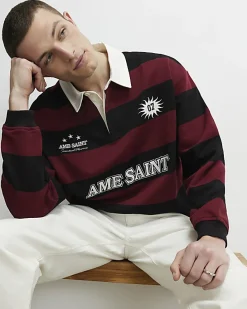 Red Oversized Striped Long Sleeve Rugby Shirt