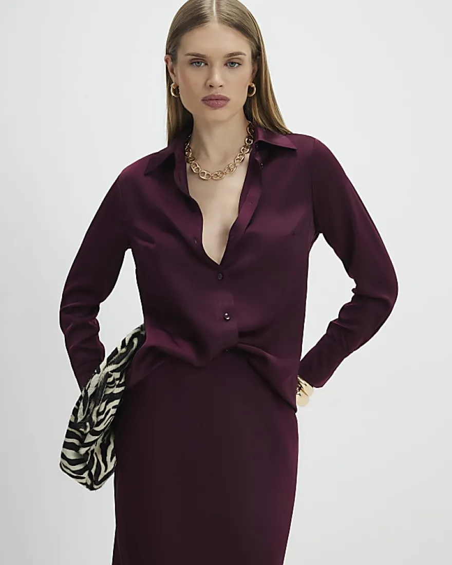 Red Satin Long Sleeve Slim Fit Shirt