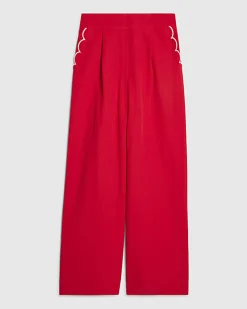 Red Scallop Trim Wide Leg Trousers