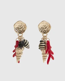 Red Shell Cluster Drop Earrings