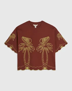 Red Shell Embroidered Crop T-shirt