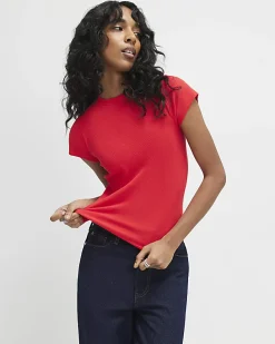 Red Short Sleeve Fitted Ribbed Top