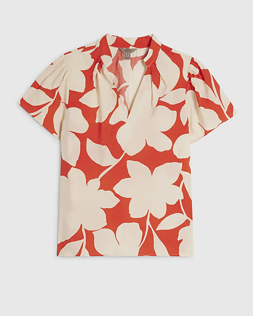 Red Short Sleeve Floral Print Blouse