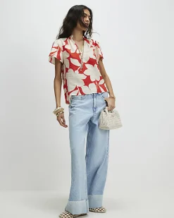 Red Short Sleeve Floral Print Blouse