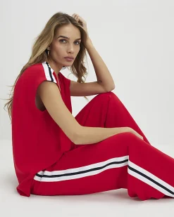 Red Short Sleeve Tape Detail V Neck Top