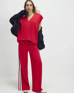 Red Short Sleeve Tape Detail V Neck Top