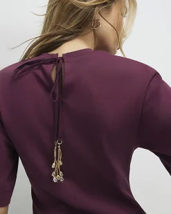 Red Short Sleeve Tie Back Seamed Top
