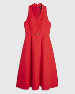 Red Sleeveless Belted Midi Dress