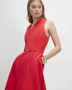 Red Sleeveless Belted Midi Dress