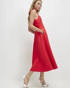 Red Sleeveless Belted Midi Dress