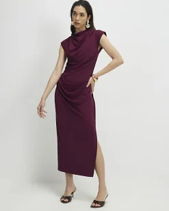 Red Sleeveless Ruched Midi Dress