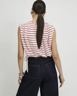Red Sleeveless Striped Bubble Hem Top
