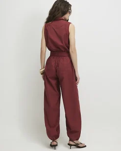 Red Sleeveless Utility Jumpsuit