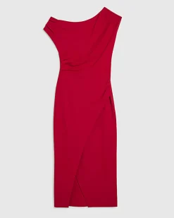 Red Stretch Draped Midi Dress