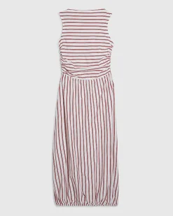 Red Striped Bubble Hem Midi Dress