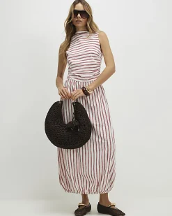 Red Striped Bubble Hem Midi Dress
