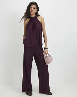 Red Textured Wide Leg Trousers