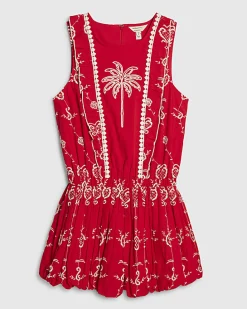 Red Tropical Print Embroidered Playsuit