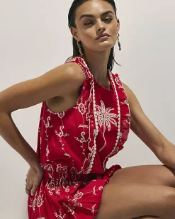 Red Tropical Print Embroidered Playsuit