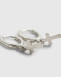 Silver Cross Drop Hoop Earrings