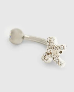 Silver diamante bow belly bar