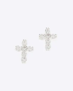 Silver Diamond Simulant Cross Stud Earrings