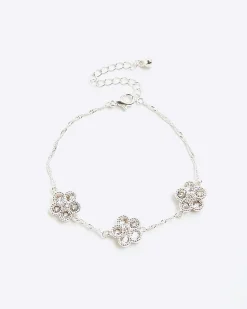 Silver Diamond Simulant Floral Bracelet