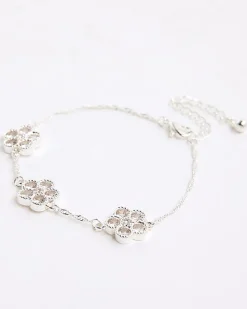 Silver Diamond Simulant Floral Bracelet