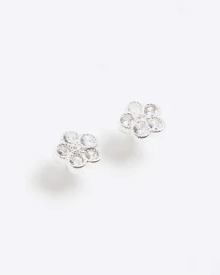 Silver Diamond Simulant Floral Stud Earrings