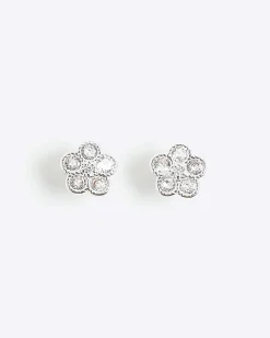 Silver Diamond Simulant Floral Stud Earrings