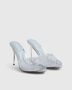Silver Embellished Heeled Mule Sandals
