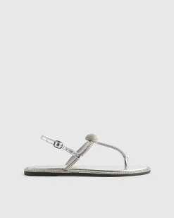 Silver Leather Embellished Toe Thong Sandals