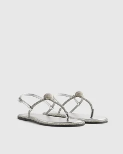 Silver Leather Embellished Toe Thong Sandals